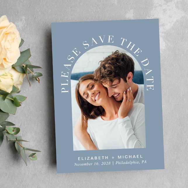 Reserva La Fecha Elegante Foto Arch Dusty Blue (Celebrate your love story with a save the date showcasing your photo in an elegant arch frame)