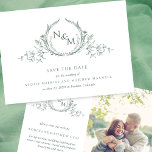 Reserva La Fecha Elegante Foto Boda Verde Monograma Salvar La Fecha<br><div class="desc">Anunciar la fecha de su boda con esta impresionante foto de boda, guardar la tarjeta de fecha con un exquisito monograma botánico dibujado a mano enmarcando elegantemente las iniciales de parejas en tonos verdes tanto en el frente como en el reverso. Elegante plantilla vertical de fotos en la parte posterior...</div>