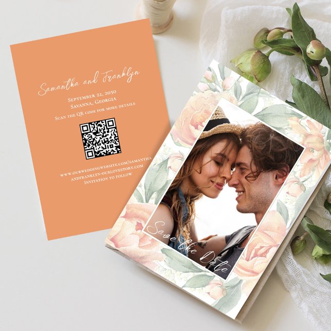 Reserva La Fecha Elegante foto de boda acuarela Floral (Elegant peach floral wedding save the date photo card)