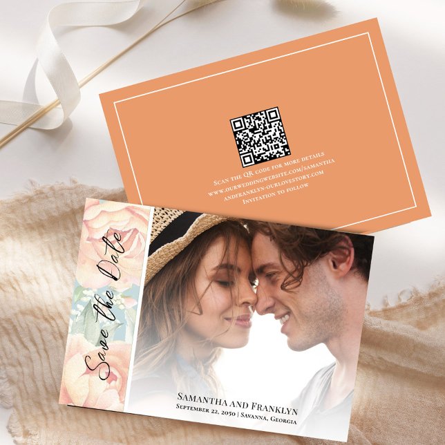 Reserva La Fecha Elegante foto de boda acuarela floral (Peach floral wedding save the date photo card.)