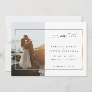 Reserva La Fecha Elegante Foto de Boda con Marco de Oro