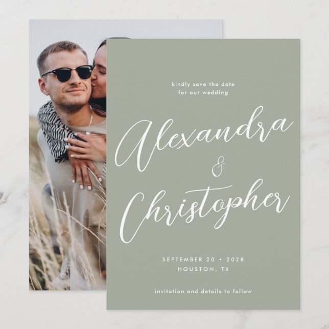 Reserva La Fecha Elegante foto de Boda de caligrafía de salvia (Anverso / Reverso)