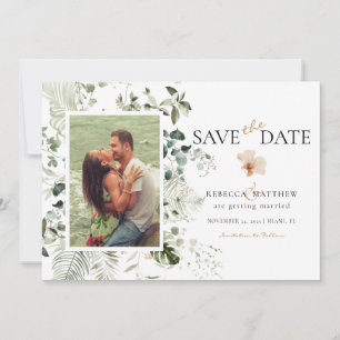 Reserva La Fecha Elegante Foto de Boda Floral Boho con Verdor