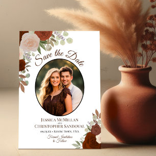 Reserva La Fecha Elegante Foto de Boda Floral Boho Naranja Óxido