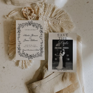 Reserva La Fecha Elegante Foto De Boda Floral En Blanco Y Negro