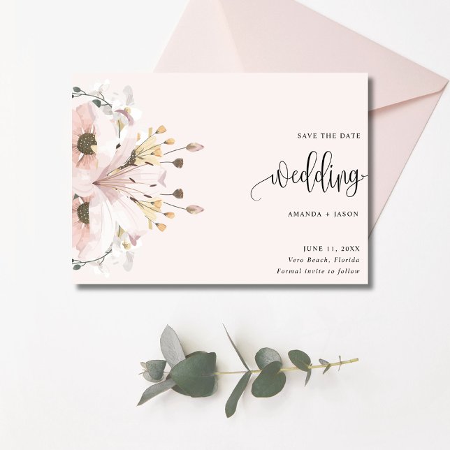Reserva La Fecha Elegante foto de Boda floral rosa (Elegant Pink Floral Wedding Photo Save The Date)