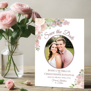 Reserva La Fecha Elegante Foto de Boda Floral Rosa de Boho