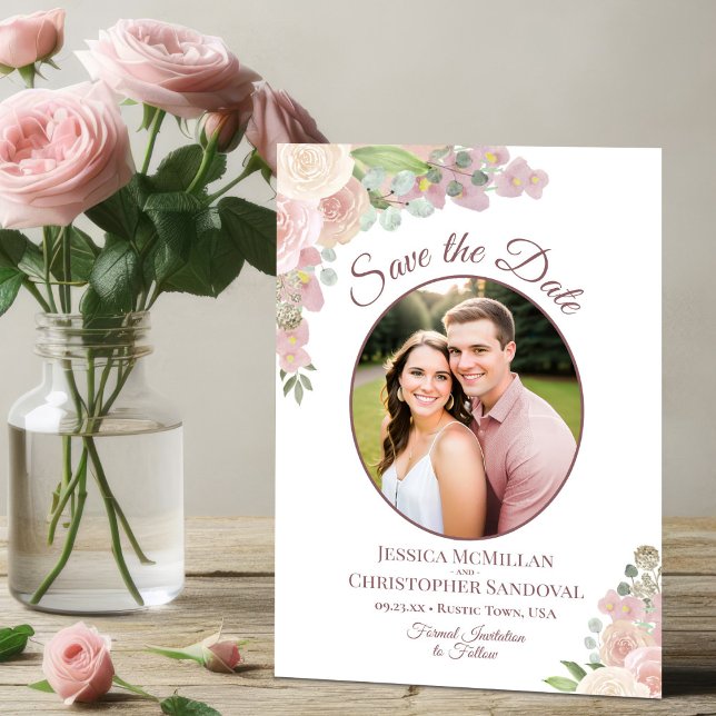 Reserva La Fecha Elegante Foto de Boda Floral Rosa de Boho (Subido por el creador)
