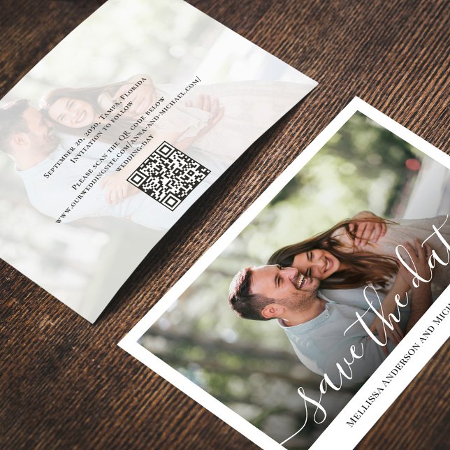 Reserva La Fecha Elegante foto de boda Guardar la fecha (Wedding save-the-date photo card with a scannable QR code. )