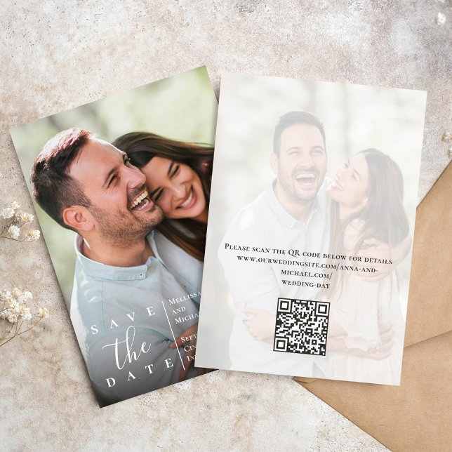 Reserva La Fecha Elegante foto de boda Guardar la fecha (Wedding save-the-date photo card with a scannable QR code. )