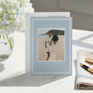 Reserva La Fecha Elegante Foto de Boda Moderna Costera Azul