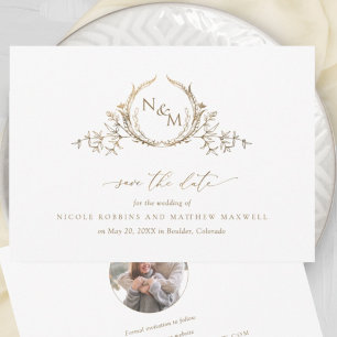 Reserva La Fecha Elegante foto de Boda Monograma Blanco y Oro
