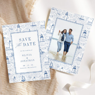 Reserva La Fecha Elegante Foto de Boda Toile Azul Costero