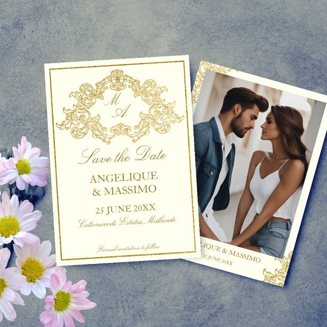 Reserva La Fecha Elegante foto de bodas de marfil y oro (Elegant ivory and gold vintage ornate frame wedding photo save the date invitation card template)