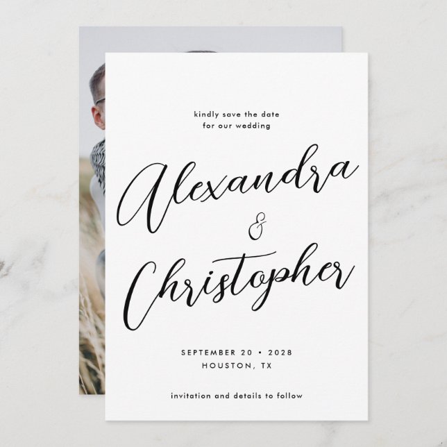 Reserva La Fecha Elegante foto de compromiso de Boda de caligrafía (Anverso / Reverso)