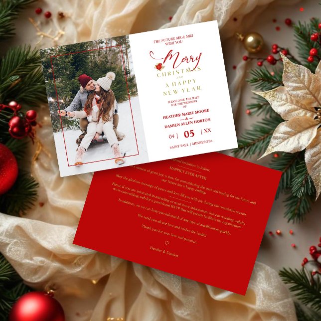 Reserva La Fecha Elegante foto de Wreath de Feliz Navidad Poinsetti (Merry Christmas Poinsettias Wreath Photo Wedding MR & MRS Couple Save the Date with Envelope.)