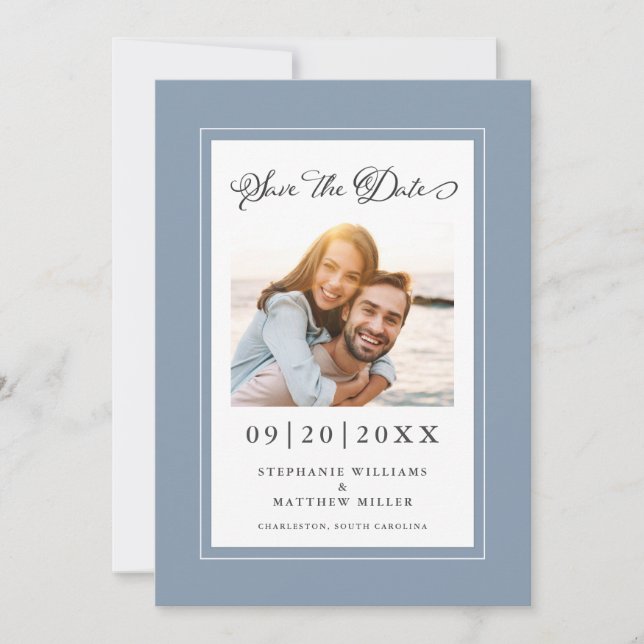 Reserva La Fecha Elegante Foto Dusty Blue Save The Date Compromiso (Anverso)