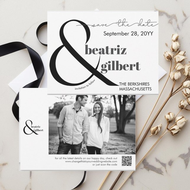 Reserva La Fecha Elegante foto en blanco y negro salva la fecha (Modern Elegant typography save the date with your photo and QR code.)