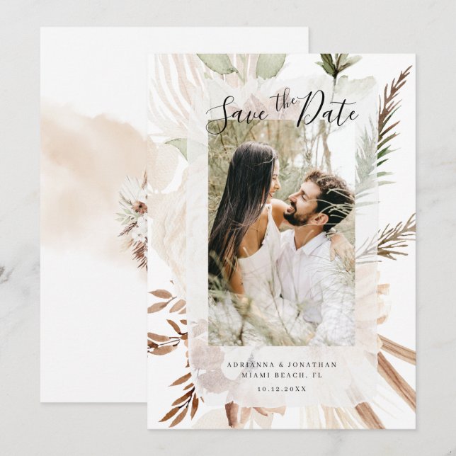 Reserva La Fecha Elegante Foto Floral Boho Pampas (Anverso / Reverso)