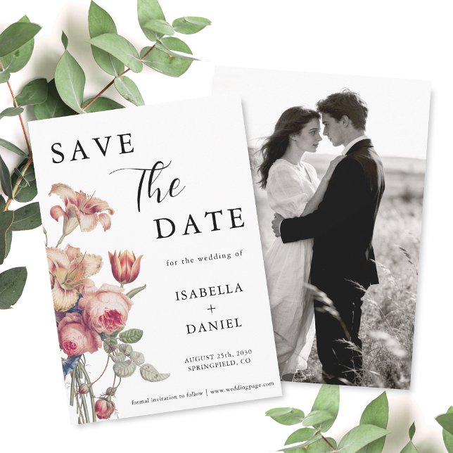 Reserva La Fecha Elegante Foto Floral de Boda Save The Date (The front and back of the invitation shown in a 5x7-inch size. Choose size, paper, and corner style.)