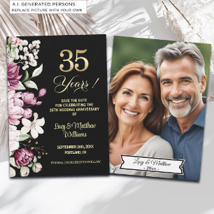 Reserva La Fecha Elegante Foto Floral Dorada del 35º Aniversario de