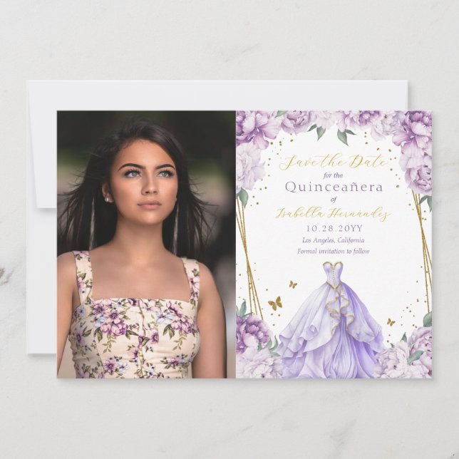 Reserva La Fecha Elegante foto floral púrpura Quinceañera (Anverso)