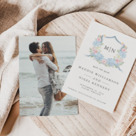 Reserva La Fecha Elegante Foto Monograma Azul Save the Date 