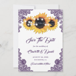 Reserva La Fecha Elegante Girasol Floral de Encaje Bodas Morado