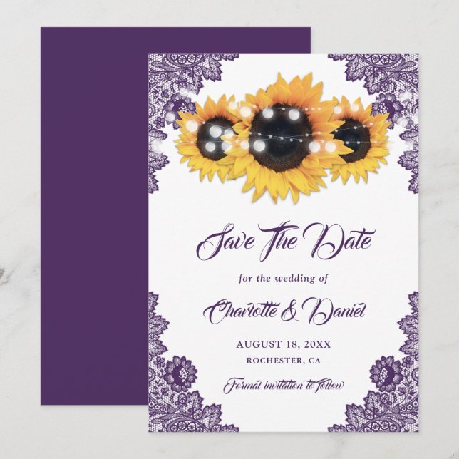 Reserva La Fecha Elegante Girasol Floral de Encaje Bodas Morado (Anverso / Reverso)