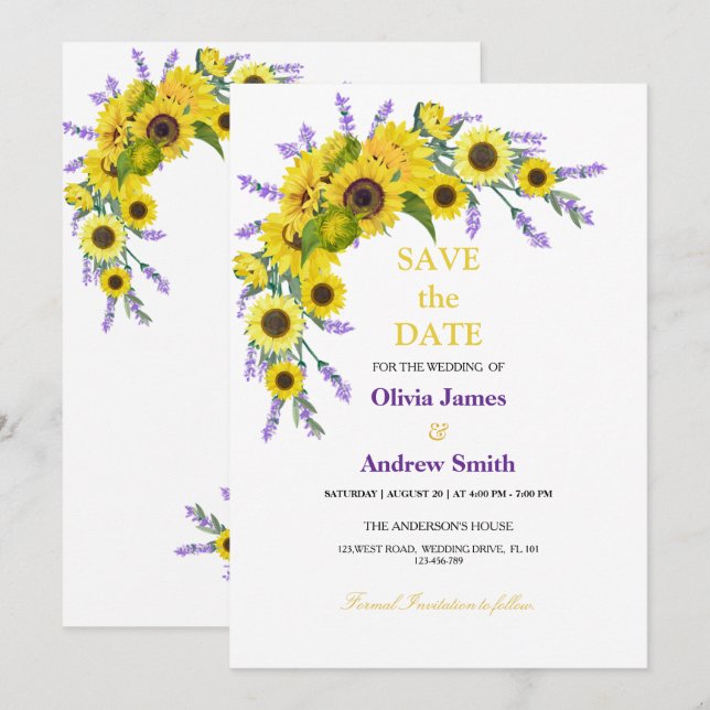 Reserva La Fecha Elegante Girasol y Lavanda Boda Guardar la Fecha (Anverso / Reverso)