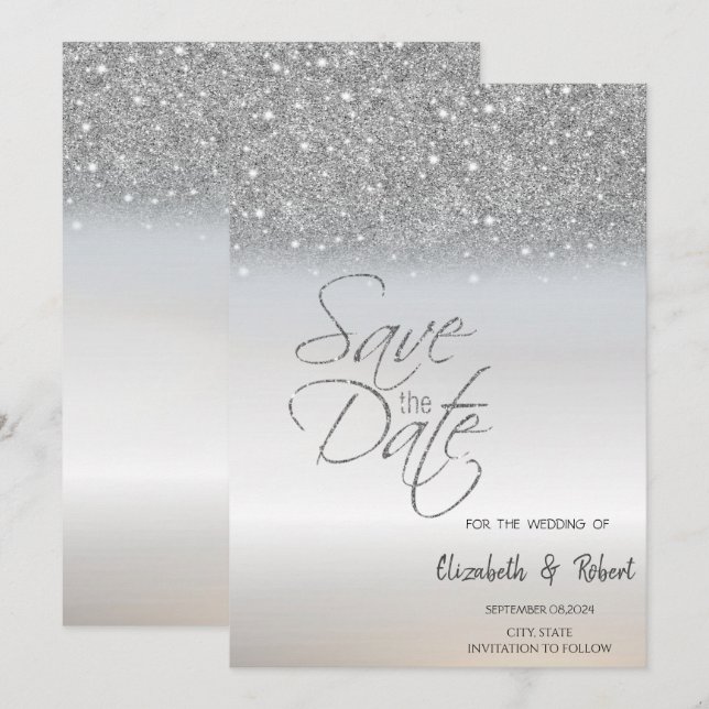 Reserva La Fecha Elegante Glitter Plateado Bokeh Save The Date (Anverso / Reverso)