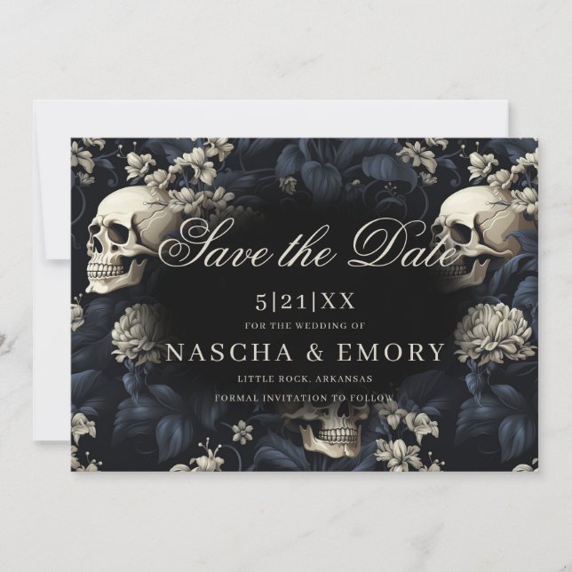 Reserva La Fecha Elegante gótico Floral Skulls Boda oscuro (Anverso)