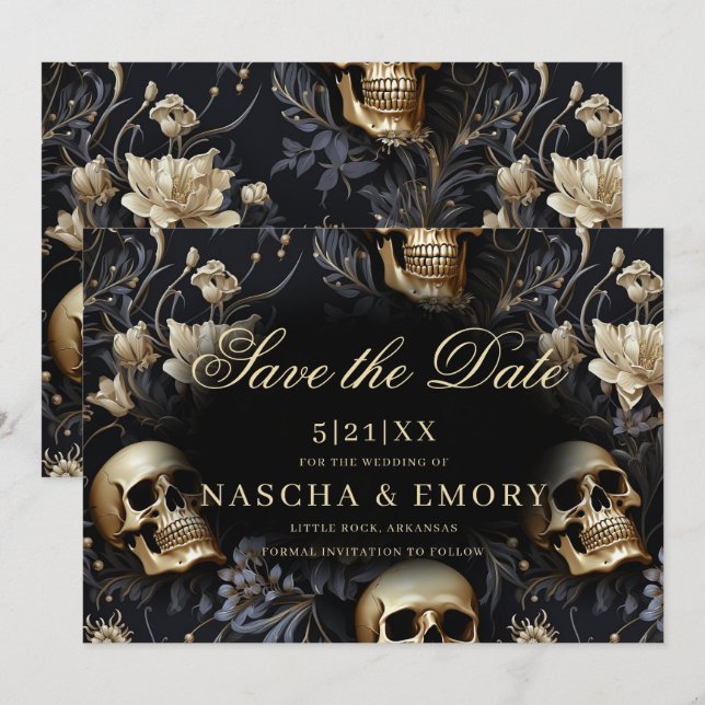 Reserva La Fecha Elegante gótico Floral Skulls Gold Boda (Anverso / Reverso)