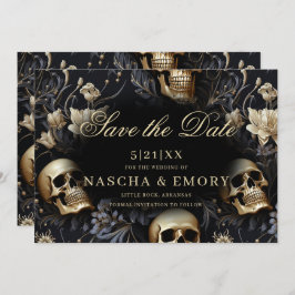 Reserva La Fecha Elegante gótico Floral Skulls Gold Boda