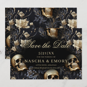 Reserva La Fecha Elegante gótico Floral Skulls Gold Boda