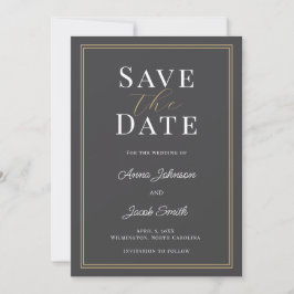 Reserva La Fecha Elegante Gris Carbón Dorado Doble Borde Boda 