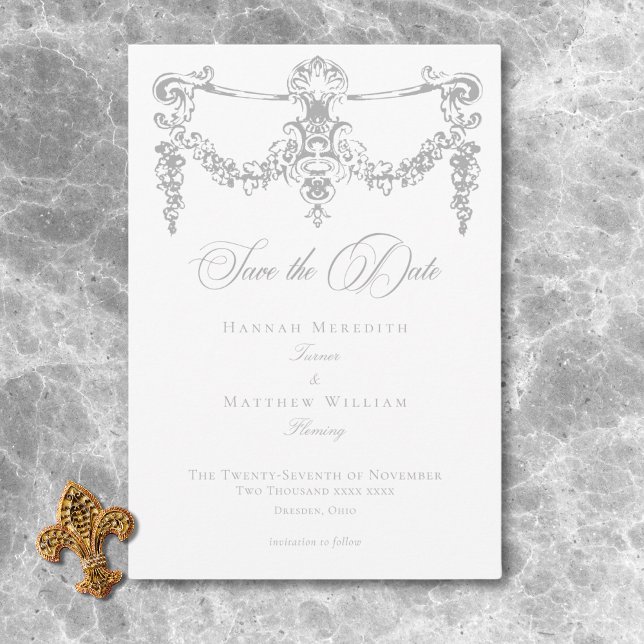Reserva La Fecha Elegante Gris Claro Chinoiserie Querubín Boda (Elegant Light Gray Chinoiserie Cherub Wedding Save The Date)