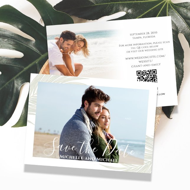 Reserva La Fecha Elegante Guardar las palmas de matrimonio de desti (Elegant green palm leaves photo save the date card. With a scannable QR Code. )