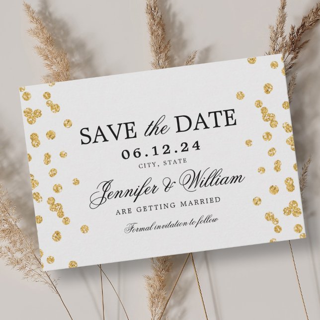 Reserva La Fecha Elegante guión Boda Confetti de oro (Elegant Script Wedding Gold Confetti Save The Date)