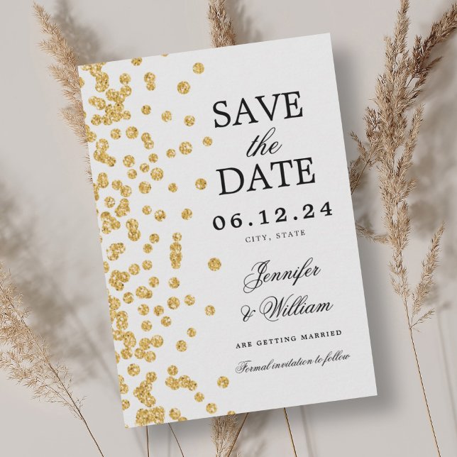 Reserva La Fecha Elegante guión Boda Confetti de oro (Elegant Script Wedding Gold Confetti Save The Date)