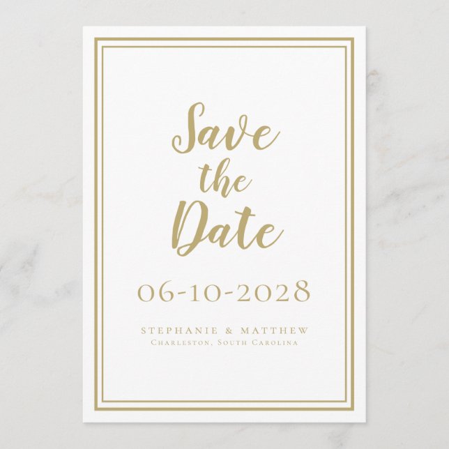 Reserva La Fecha Elegante guión Boda dorado y blanco simple moderno (Anverso)