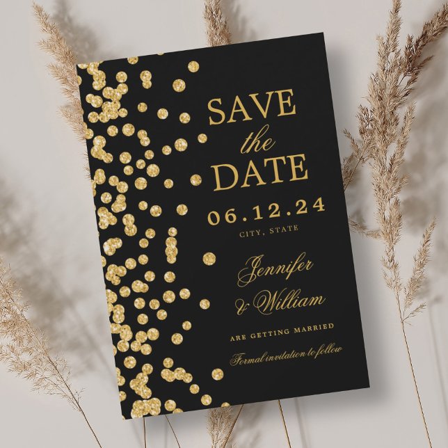 Reserva La Fecha Elegante guión Boda oro Confetti negro (Elegant Script Wedding Gold Confetti Black Save The Date)