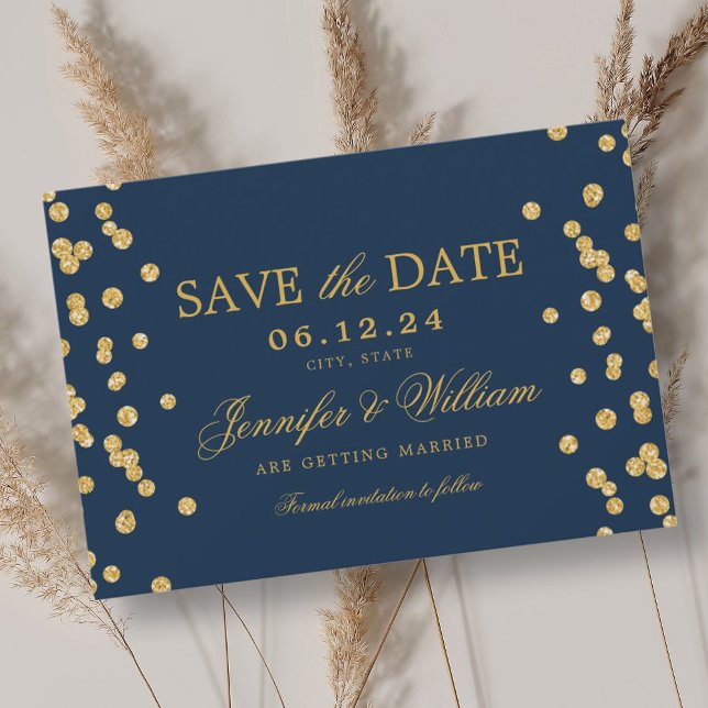 Reserva La Fecha Elegante guión Boda oro de la Marina Confetti azul (Elegant Script Wedding Gold Confetti Navy Blue Save The Date)