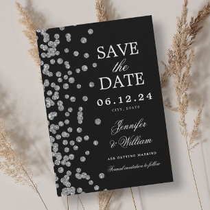 Reserva La Fecha Elegante guión Boda Silver Confetti Negro
