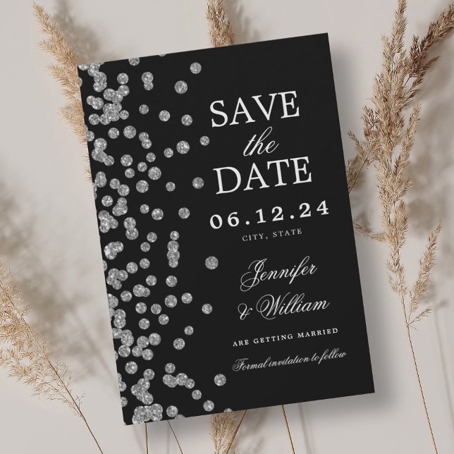 Reserva La Fecha Elegante guión Boda Silver Confetti Negro (Subido por el creador)