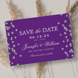 Reserva La Fecha Elegante guión Boda Silver Confetti Purple
