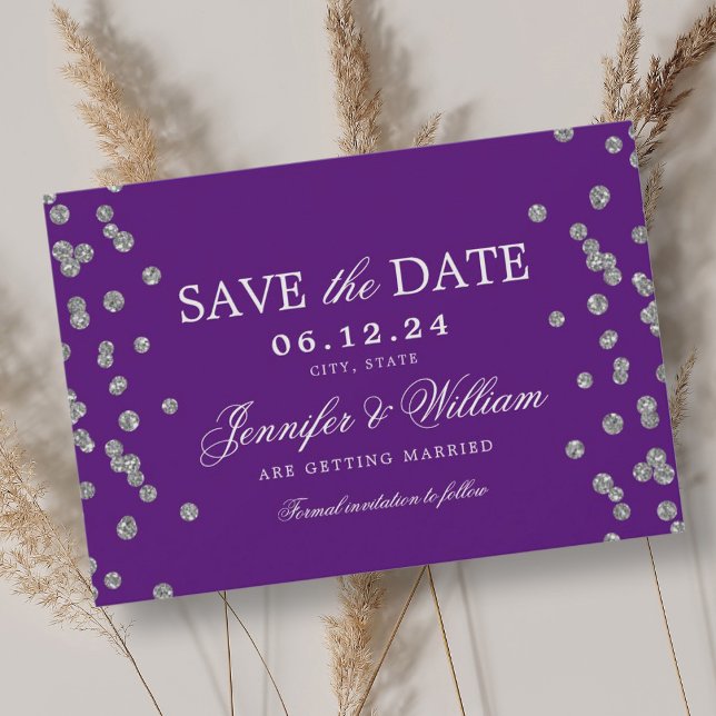 Reserva La Fecha Elegante guión Boda Silver Confetti Purple (Elegant Script Wedding Silver Confetti Purple Save The Date)