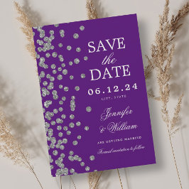 Reserva La Fecha Elegante guión Boda Silver Confetti Purple