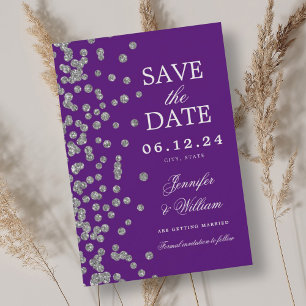 Reserva La Fecha Elegante guión Boda Silver Confetti Purple