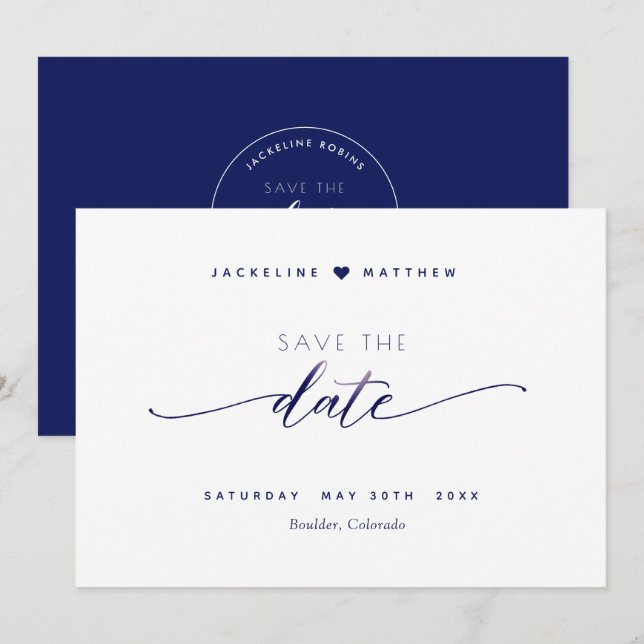 Reserva La Fecha Elegante guión, Boda simple azul marino (Anverso / Reverso)